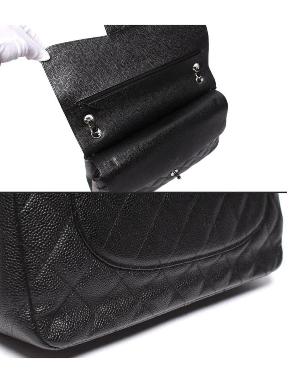 Chanel Chain Shoulder Bag Double Flap Silver Caviar Leather 16 Maxi Quilted 30